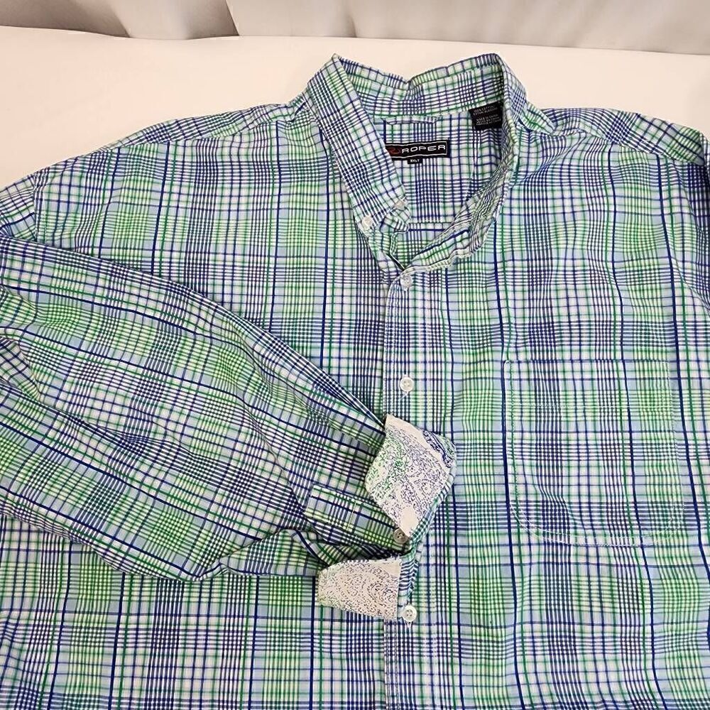 Roper Long-Sleeve Button-up Men's Size 3XLT Green and Blue Checkered Shirt H6